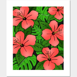 Hibiscus Flowers & Monstera Leaves Posters and Art